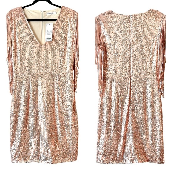 Sequin Fringe V-Neck Party Mini Dress in Rose Gold, XL - Picture 6 of 10